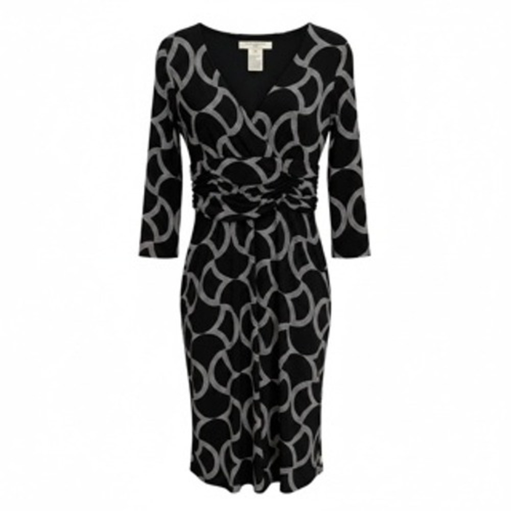 Evan-Picone Petite Black White Geometric Ruched Faux Wrap Sheath Dress 4P